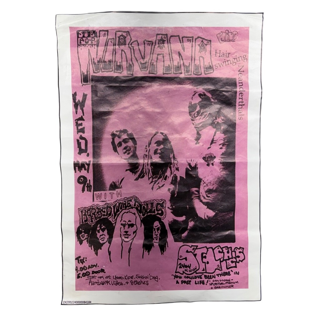 Nirvana Stache's Concert Flyer Fabric Poster Pink Black Grunge Rock 18x25.5